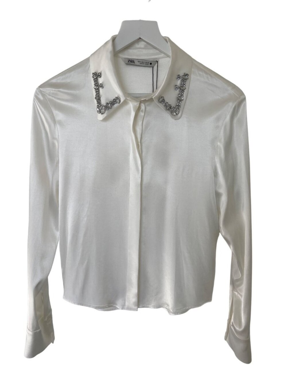 Zara White Satin Jewel Collar Button-Down Shirt